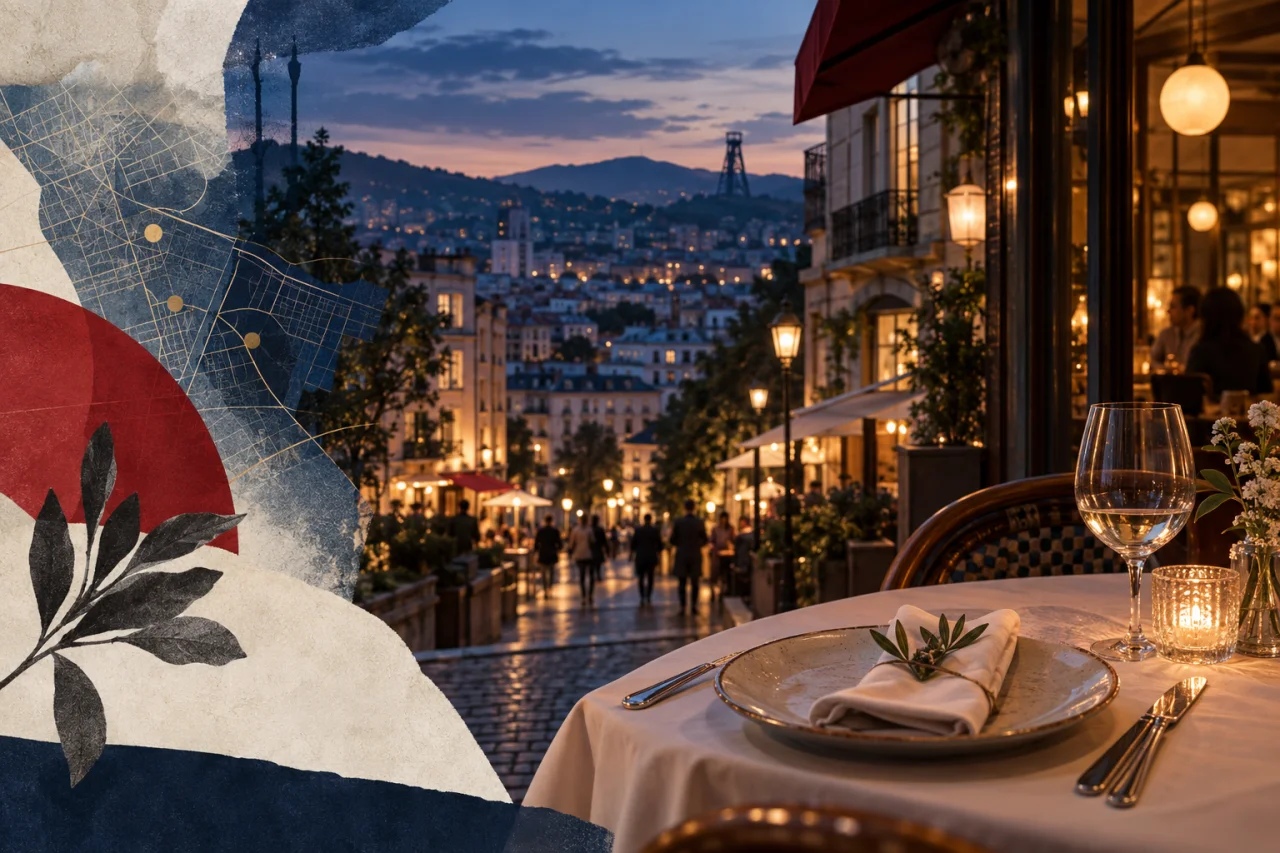Illustration éditoriale d’une sortie au restaurant dans une ville française