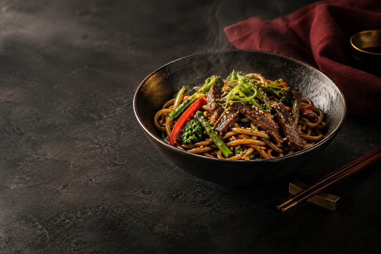 Composition éditoriale d’un wok de nouilles et légumes